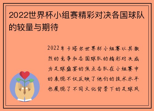 2022世界杯小组赛精彩对决各国球队的较量与期待